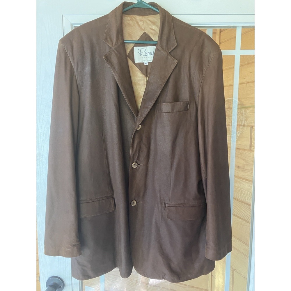 Remy Leather Mens Brown 3 Button Blazer Jacket Made in USA Size 44 y2k